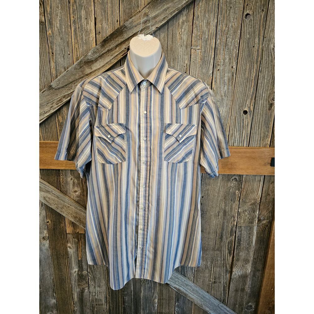 Vintage Ely plains tall man XL pearl snap flap pockets striped